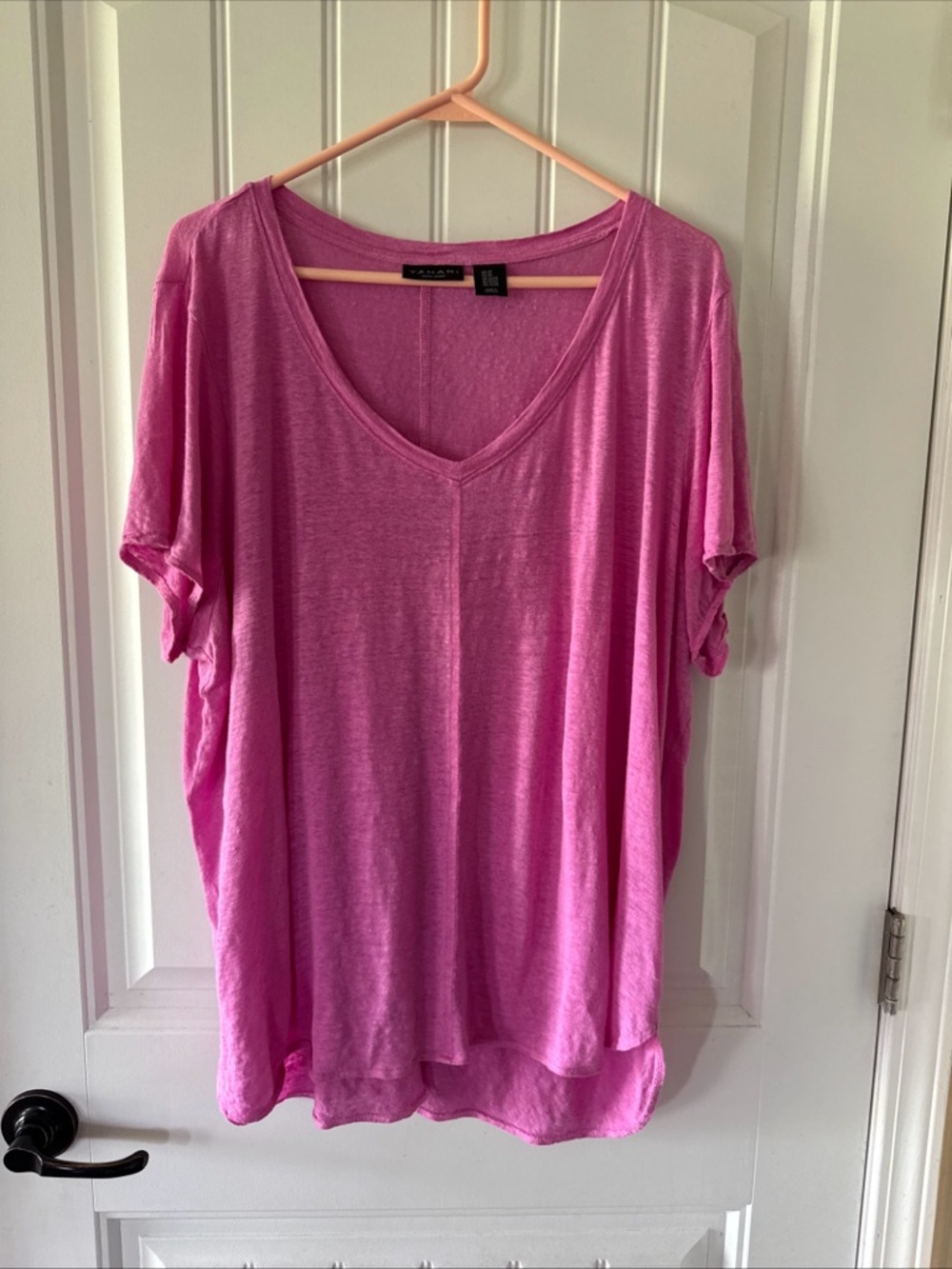 Tahari 100% Linen Top Womens 2X Hot Pink V Neck Short Sleeve TShirt plus size